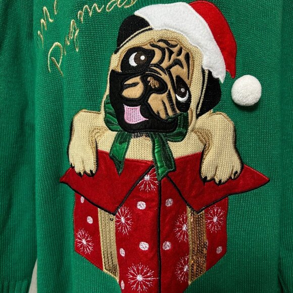 Holiday Time Pug Dog Ugly Christmas Sweater Women's size 2X 18W / 20W Sequins - Picture 3 of 10